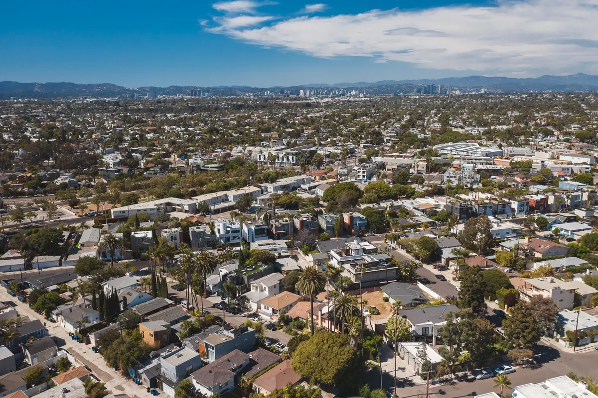 Aerial view of a residential neighborhood in the San Fernando Valley near Pacoima